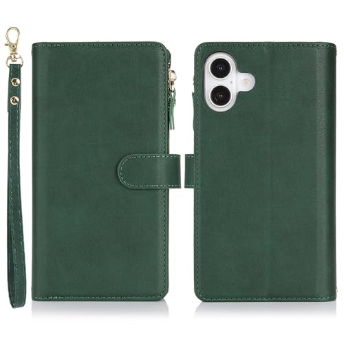 Jaorty Wallet Case for iPhone 16 with Strap,for iPhone 16 Case Wallet for Women Men,[9 Card Slots] [Wrist Strap] Zipper Cash Pocket Magnetic Leather Cover Case,6.1 inch Dark Green by Jaorty - Image 6