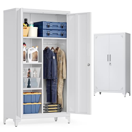 SONGMICS Armoire Polyvalente, Meuble de Rangement, Métallique, avec 2 Portes, 5 Compartiments, Tringle de Penderie, Verrouillable, Pieds Hauts, 80 x 40 x 165 cm, Gris...