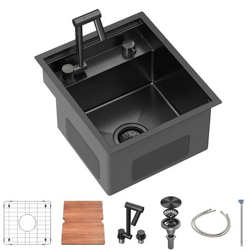 KOXKING Outdoor Kitchen Sink 15x18 Inch with Foldable Faucet, Nano Black 16 Gauge Stainless Steel RV Camper Bar Prep Workstation Sink with Cutting Board Cover, Bottom Grid & Drain Kit