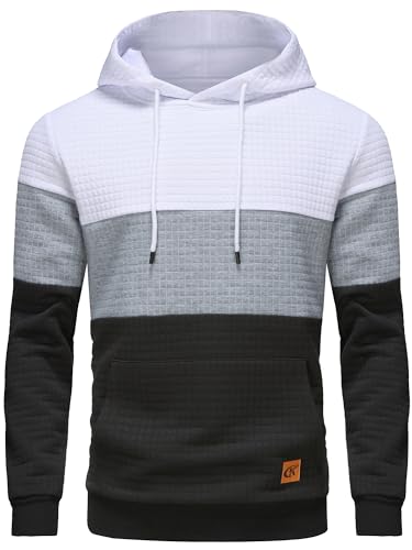 YuKaiChen Men's Hoodies Pullover Hooded Sweatshirts Long Sleeve Patchwork Plaid Jacquard Drawstring Casual Hoodie with Pockets White Lightgrey Black M