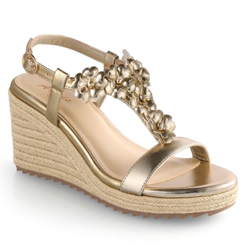 Ankis Wedge Sandals for Women, Gold Espadrille Womens Wedge Sandals Comfortable Open Toe T Strap High Heel Wedges for Women Dressy Summer -3.4Inch