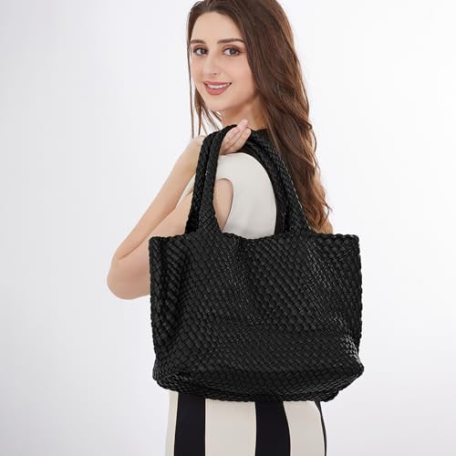 Image of Woven Tote Bag Womens Purse Vegan Leather Shoulder Handbags Fashion Summer Beach Tote Bags Large Travel Totes