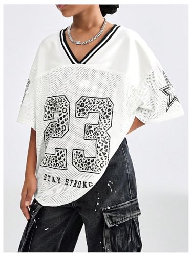 Image of BEAUDRM Girl's Jersey Shirts Leopard Number Print Jersey Shirt Cheetah V Neck Half Sleeve Oversized Tee Tops