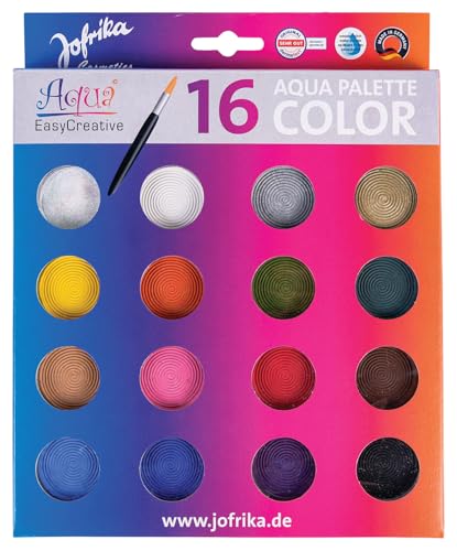 JOFRIKA Aqua Color Palette 16er | Schminke mit 15 Farben und Glitzerpuder | Inklusive Pinsel | Wischfest | Wasserlöslich | Leichte Handhabung | Karneval, Halloween u. Events | mehrfarbig 708795 - STD