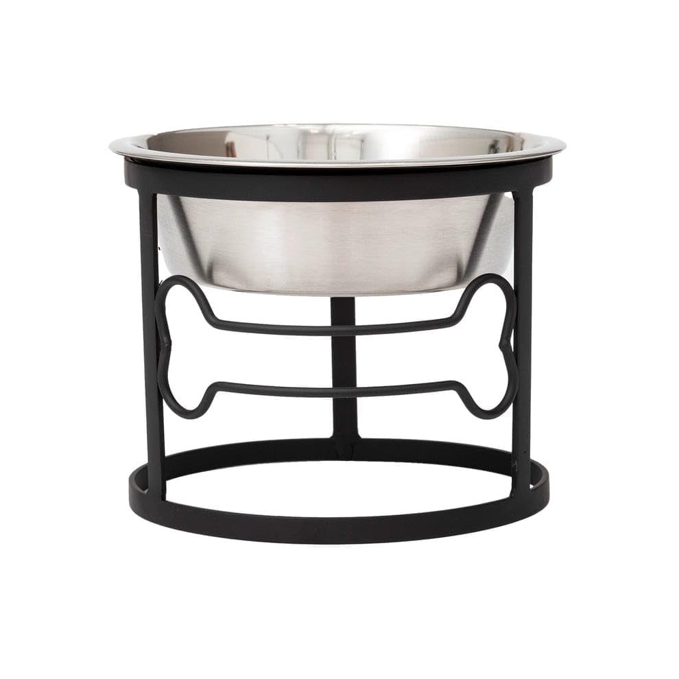 Eminence Lifestyle Elevated Dog Bowl with Black Iron Stand & Stainless Steel Bowl, Bone Design Raised Pet Feeder, 6 Inch Height, Anti-Slip Feeding Sta