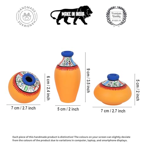 Image of Aakriti Art Creations Miniature Warli Treasures Vase Set of 3 | Madhubani Hand-Painted Terracotta Vases in Yellow | Matte Finish Decorative Vases for Living Room, Table Decor & Gifting