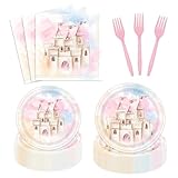 96 Pcs Princess Castle Birthday Tableware Set for Girls - Pastel Rainbow Pink Castle Plates, Napkins, Party Decorations - Watercolor Magical Fairytale Dinnerware for 24 Guests