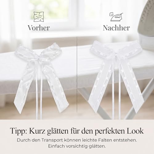 VGOODALL 30 Stück Autoschleifen Hochzeit Weiß, Satin Antennenschleifen 25x12cm für Hochzeitsauto Deko, Schleifen mit Herzmuster für Stühle und Kirchendeko, Stilvolle Gastgeschenke