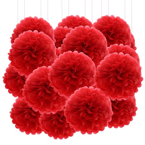 Qimoo 20pcs Red Paper Pom Poms Decorations, DIY Decorative Tissue Paper Pom-poms Flowers Ball for Party Wedding Outdoor Decoration