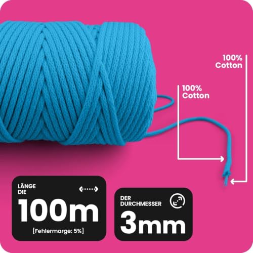 Cordón trenzado de 3 mm azul turquesa Netuno 3x100m para macramé 2
