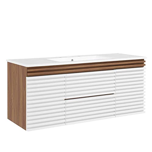 Modway Render 48" Wood Wall-Mount Bathroom Vanity - White/Walnut