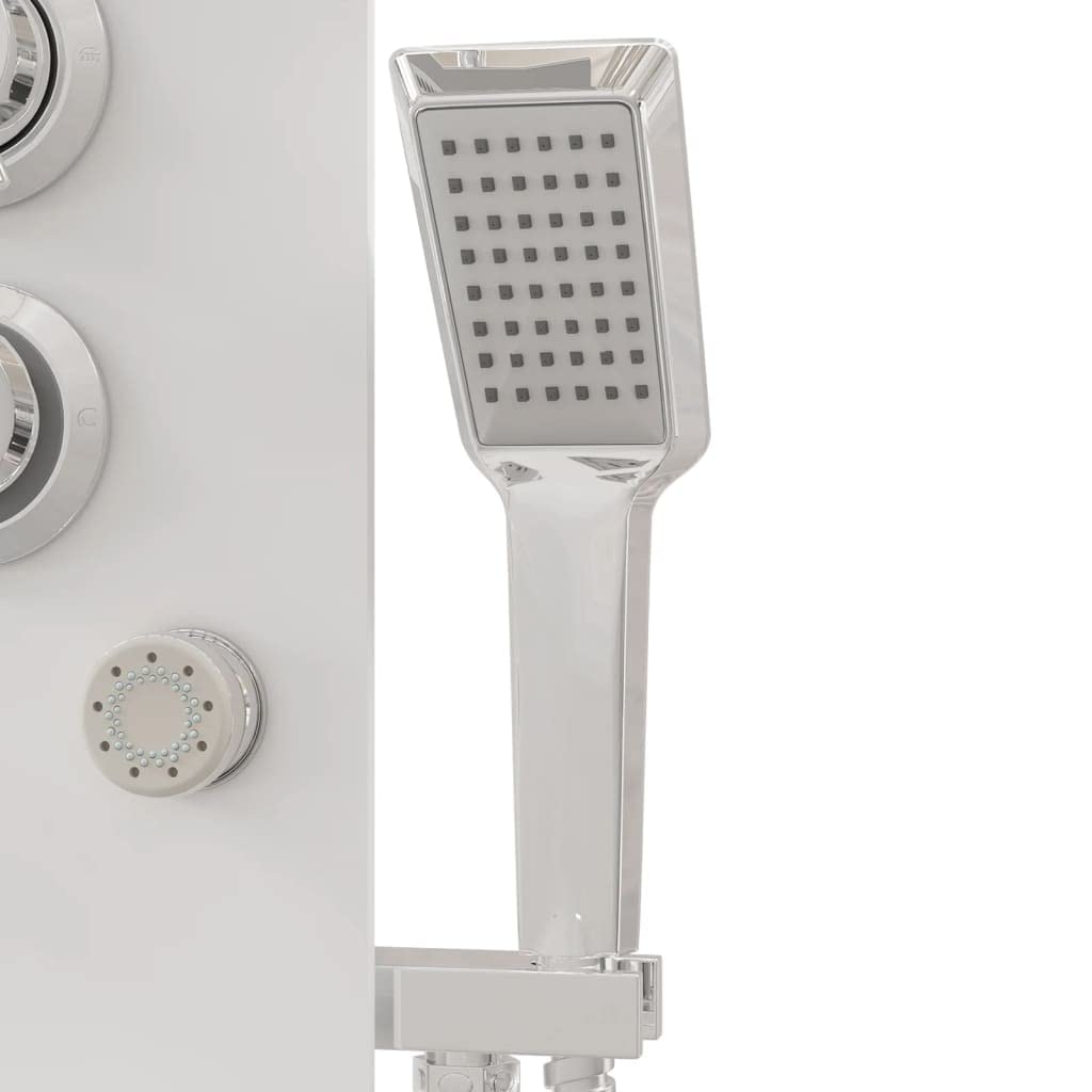Pannello doccia in vetro bianco, 25 x 47,5 x 130 cm, con doccia a pioggia, getti massaggianti, doccetta a mano in acciaio inox, per bagno, benessere, relax e facile retrofit