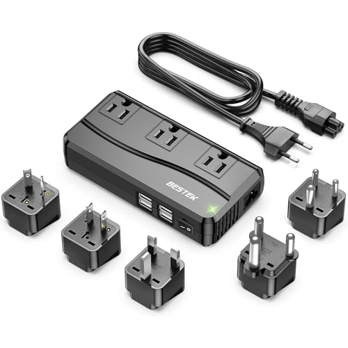 BESTEK 250W Power Converter 3-Outlet and 4-Port USB Travel Voltage Transformer 220V to 110V with Type G/D/M/AU/US Travel Plug Adapters