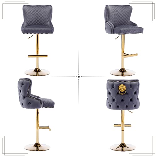 Kcc Velvet Barstools Set Of 2, Upholstered Adjustable Swivel Stool Chairs With Chrome Base Golden Lion Pull Ring Diamond Pattern Rivet Trim And High Tufted Backrest For Kitchen Pub Grey thumb #7