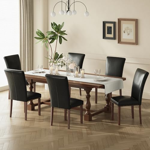 Image of COLAMY Parsons Dining Chairs Set of 6, PU Leather Dining Room Kitchen Side Chair with Nailhead Trim and Wood Legs - Black