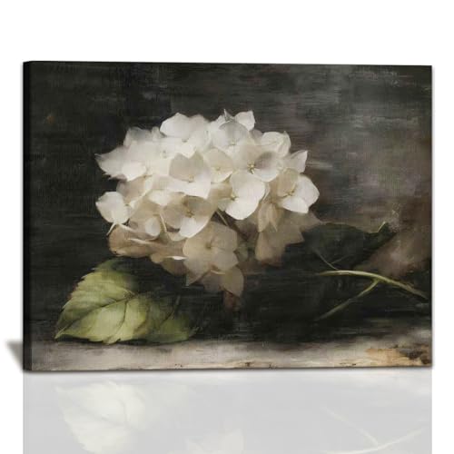 Framed Wall Art for Living Room Moody Flower Decoration Canvas Room Decor, Elegant White Hydrangea Painting Canvas Prints,Dark Wall Decor For Bedroom Bathroom Kitchen Office Wall Decor 16x24IN