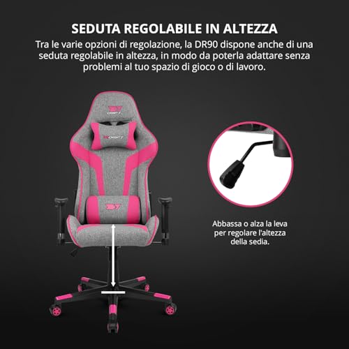 DR90 – Sedia gaming ergonomica con poggiatesta e supporto lombare, schienale reclinabile a 135°, braccioli 2D regolabili, tessuto traspirante, base in nylon e pistone a gas, Grigio-Rosa - Sedia gaming - Immagine 8