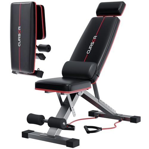 CURSOR FITNESS Adjustable Weight Bench with Adjustable Headrest & Lumbar Support, 900 LBS Capacity, Ab Sit Up Decline Bench, Foldable Workout Bench for Home Gym