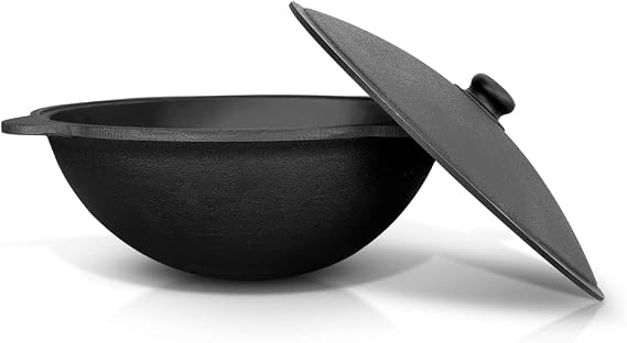 Utschak Fire Oven Diameter 44 cm 2 mm Steel with Thermometer Uzbek Kazan 16 L Round Base Kazan Uchag Kazan Cast Iron Oven Uchak (Set 1)