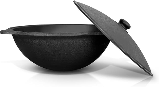 Utschak Fire Oven Diameter 44 cm 2 mm Steel with Thermometer Uzbek Kazan 16 L Round Base Kazan Uchag Kazan Cast Iron Oven Uchak (Set 1)