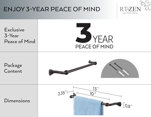 RTZEN Toallero de mano negro mate, barra de toallero de hierro forjado artesanal, colgador pequeño para toallas de mano para el hogar u oficina, estante montado en pared para toallas de 25,4 cm