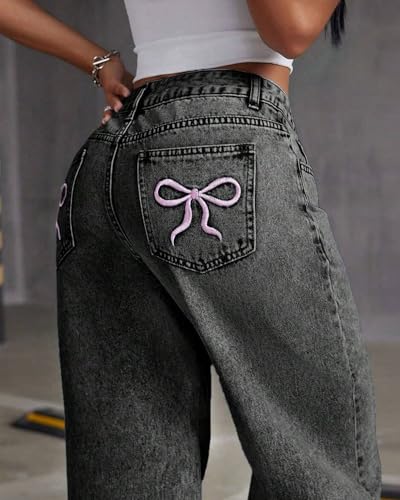 Flvsun Women's Low Waisted Baggy Jeans Boyfriend Denim Pants Wide Leg Loose Fit for Women Y2k Boyfriend Grey M — view 4