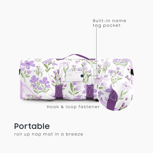 Image of Wake In Cloud - Cot Nap Mat with Pillow and Blanket, for Toddler Kids Girls Ages 3 Plus in Daycare Kindergarten Preschool with Elastic Corner Straps, Floral Botanical Flowers