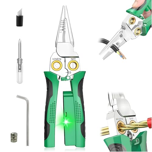8-in-1 Wire Cutter/Wire Stripper with Voltage Tester and 12-250V AC/DC Dual Alarm For cutting/crimping/stripping/twisting/pulling wires on hot/neutral lines Electrician, HVAC, Automotive Repair Tool