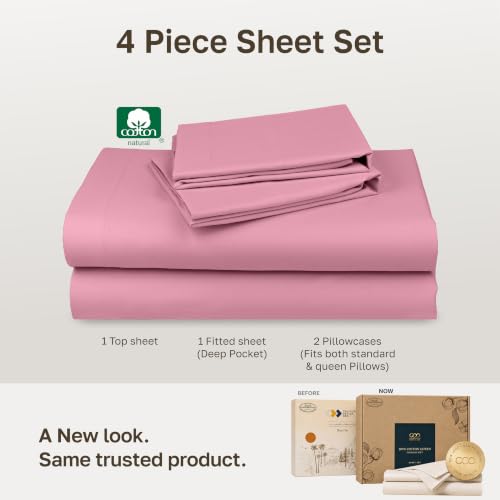 Image of Soft Natural 100% Cotton Sateen Queen Bed Sheet Set, 4 Pc Set, Doll Pink
