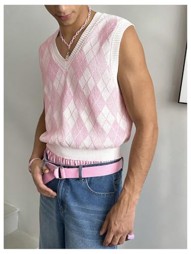 Men's Plaid Geometric Sleeveless Knitted Sweater V Neck Crochet Pullover Sweater Vest4