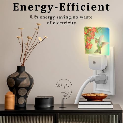 Image of Hummingbird with Flowers Night Light for Kids,Red Tropical Floral Leaves Hummingbird Night Light Plug in with Dusk to Dawn Sensor,0.5w Energy Saving Nightlight for Hallway Stairway Kitchen Bedroom