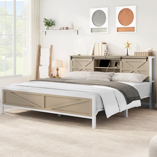 YITAHOME Farmhouse King Size Bed Frame with Headboard, Bookcase Storage Shelves, Sliding Barn Door, Charging Station, Rustic Wood Platform Bed, No Box Spring Needed, Oak