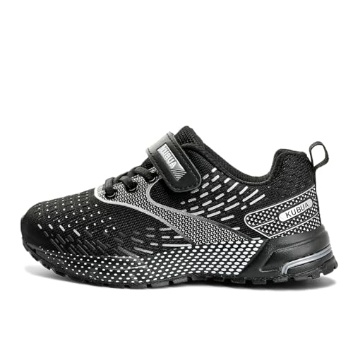 KUBUA Kids Sneakers for Boys Girls Running Tennis Shoes Lightweight Breathable Sport Athletic Black Silver Size US 8 Toddler - Thumbnail 4