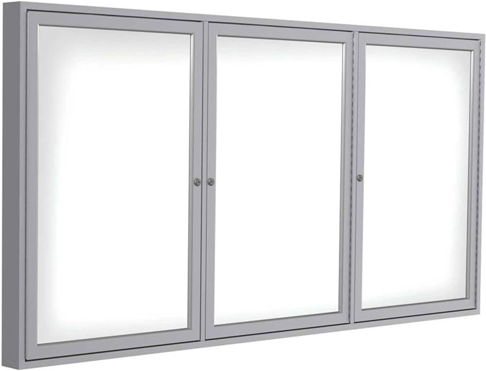 Pemberly Row Ceramic Enclosed Magnetic Whiteboard, 48" x 96", Porcelain-on-Steel Surface, Satin Aluminum Frame, Shatter-Resistant Doors, Flush Locks, Indoor Use Durable Office or Classroom Board