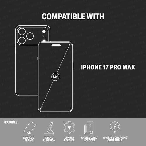 TORRO Leather Case Compatible with iPhone 17 Pro Max 6.9" 2025 - Premium Leather Wallet Flip Case with Kickstand and Card Slots (Compatible with Official MagSafe Chargers) - Black by TORRO - Image 2