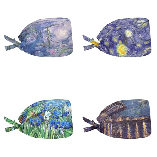 Belidome Van Gogh Scrub Cap for Women 4 Pack Oil Painting Print Long Hair Bouffant Scrub Hats Headgear for Working Painting