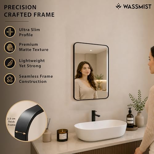 Image of WASSMIST Mirror for Bathroom Wall | Square Bathroom Mirror with Aluminium Frame | HD Reflection Wall Mirror for Living Room /Bedroom (18 X 24 inch)