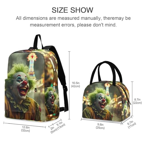 Happy Clown Print Backpack Set with Lunch Bag, Large Capacity Travel Backpacks and Lunch Box Insulated for Commute Hiking Picnic2