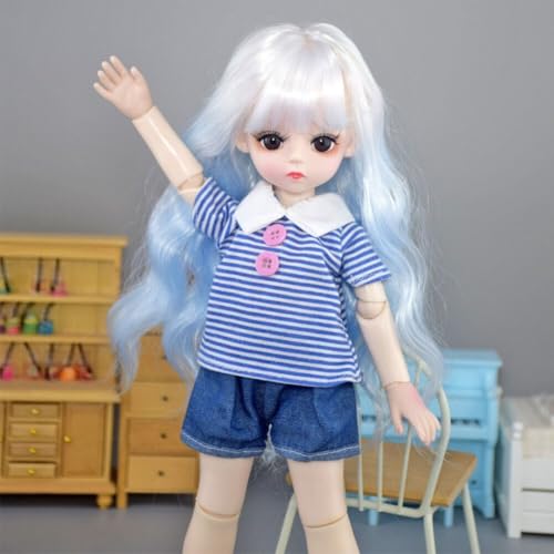 Image of Tickles Movable Joints Doll Beautiful Eyes Fashionable T-Shirt with Short Dress for Kids Girls (Color: Blue Size: 30 cm)