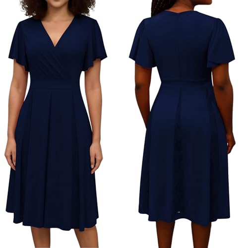 Image of Womens Navy Blue Cocktail Prom Dresses 2025 Summer Sexy V Neck Lace Maternity Clothes Formal Wrap Wedding Guest Bridesmaid Midi Dress,Large