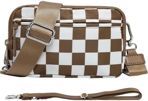 Checkered Nylon Wristlet Wallets for Women RFID Blocking Purse With Credit Card Holder & Crossbody Strap
