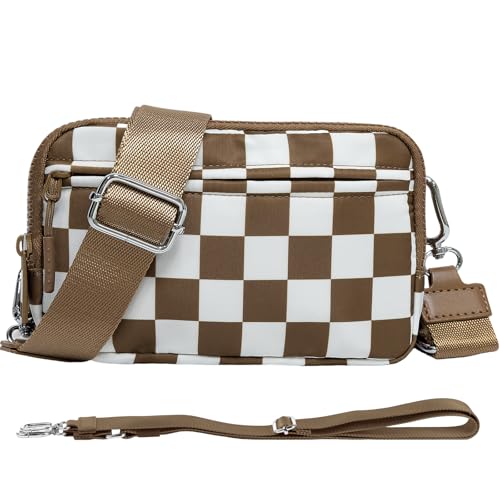 NBERMOTION Checkered Nylon Wristlet Wallets for Women RFID Blocking Purse With Credit Card Holder & Crossbody Strap(Caramel)