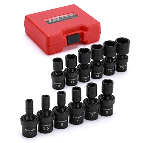 CASOMAN 1/4-Inch Drive Shallow Universal Impact Socket Set Metric 12 Pieces Set 5mm to 15mm 6-Point Cr-Mo Swivel Socket