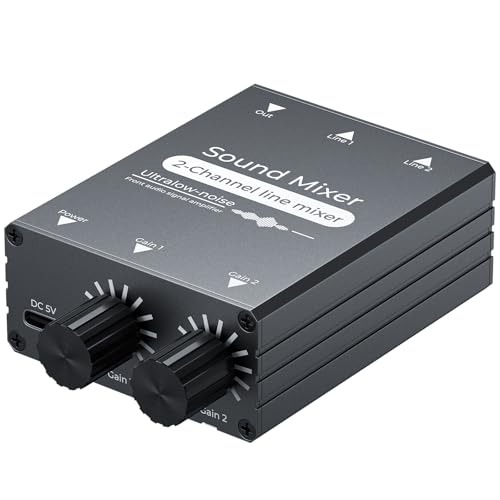 2 Channel Stereo Audio Mixer - 3.5mm Audio Interface with Dual Volume Control Knobs, Aluminum Shell, 2 in 1 Out Mini Audio Switch for PC Headphone Speaker Monitor Projector Live Streaming