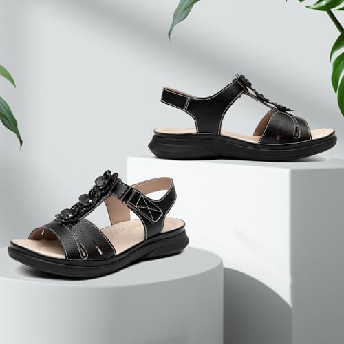 ALLOT Women's Arch Support Flat Sandals Low Wedge Heel Comfortable Dressy Summer Slides With Flowers 5