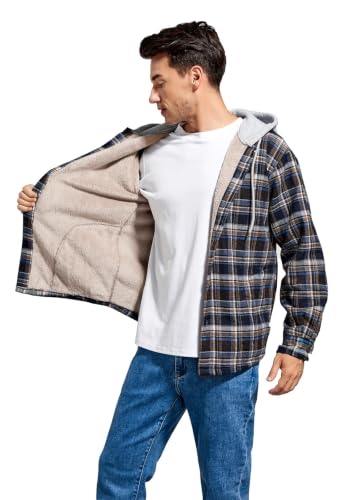Image of Men's Cotton Plaid Shirt Jacket Fleece Flannel Sherpa Button Down