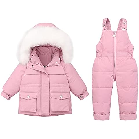Amur Leopard Kids Ski Suit 2 Pieces Down Jacket with Hood + Ski Pants Padded Snowsuit Thick Warm Windproof for Boy Girls, Pink, 110/3-4 Years Cover