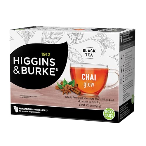 Higgins & Burke Chai Glow, Loose Leaf, Black Tea, Keurig K-Cup Brewer Compatible Pods, 24 Count