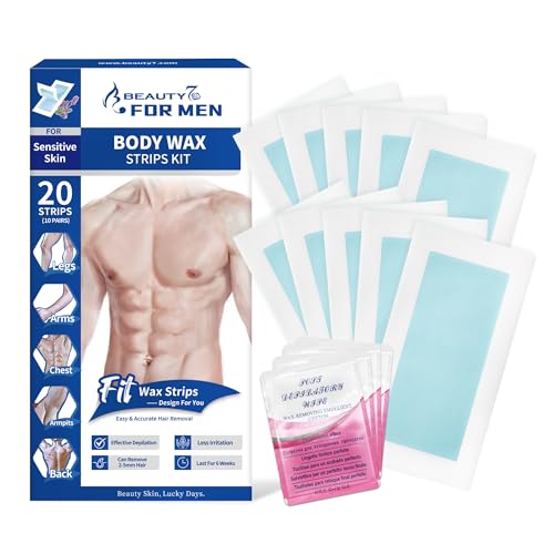 Beauty7 Men Wax Strips for Body Ready to Use Waxing Strips Facial Hair Removal Wax Legs Arms Chest At Home Waxing 20 Waxing Strip 4 Calming Oil Wipes