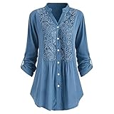 Women's Henley V Neck Floral Lace Crochet Blouse Tops Roll-up Sleeve Button Down Tunic Shirt Blue